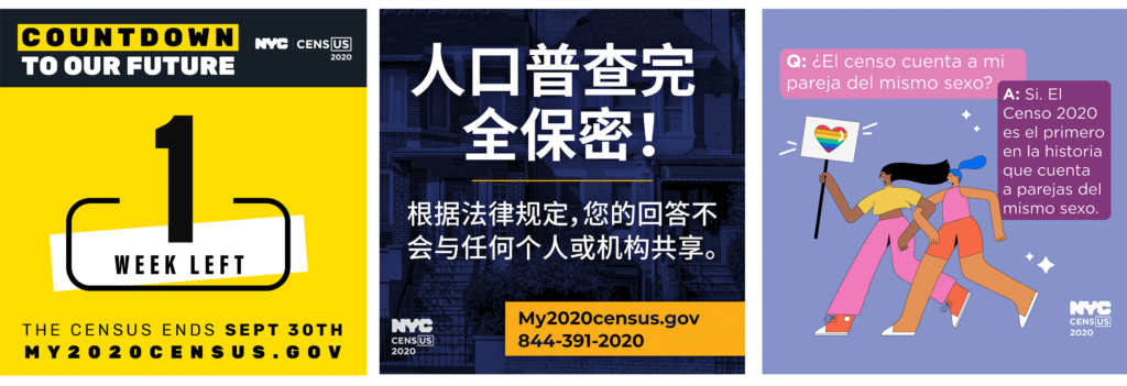 Sample Census social media graphics in English, Chinese, and Spanish.